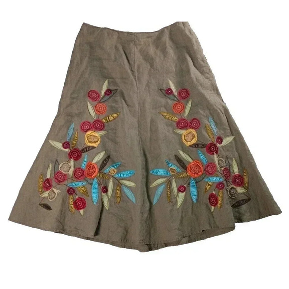 Vtg J.JILL Linen Midi Skirt Green Lagenlook Floral Embroidered Flare Boho Sz 4 - Picture 1 of 10